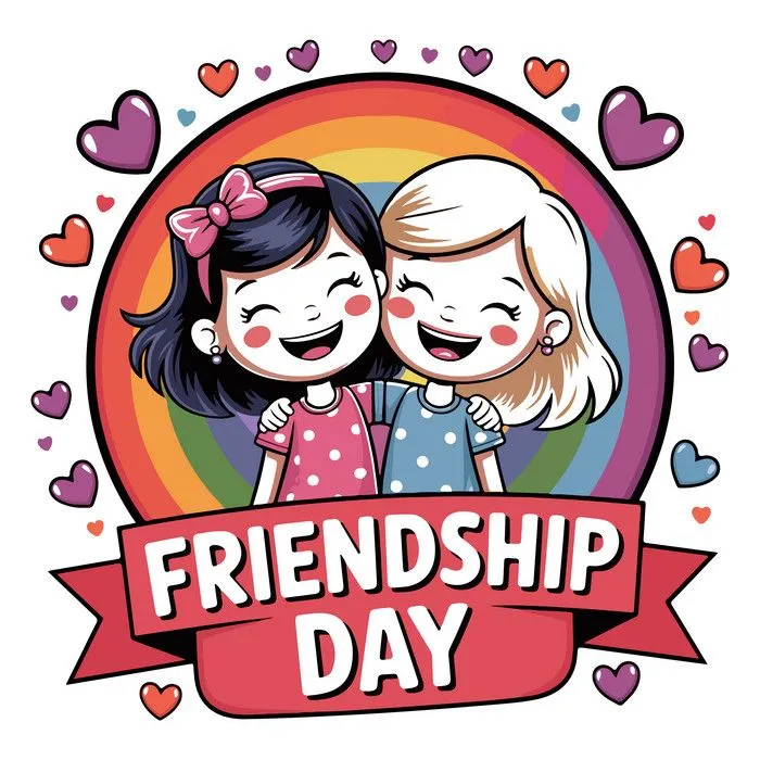 Cute Best Friends Day illustration with rainbow badge for Friendship Day 2026